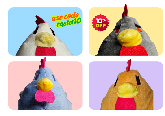 Four plush chicken toys in colorful pastel backgrounds promoting a 10% Easter discount with code EASTER10.