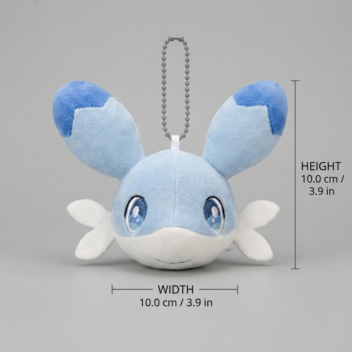 Light blue and cream plush Chillet keychain from Palworld with embroidered blue eyes and a ball-chain loop, measuring 10 cm (3.9 inches) tall and wide.