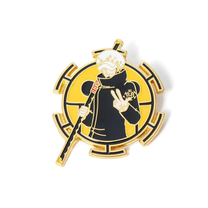 Black and gold pirate emblem enamel pin with swords crossed behind it.