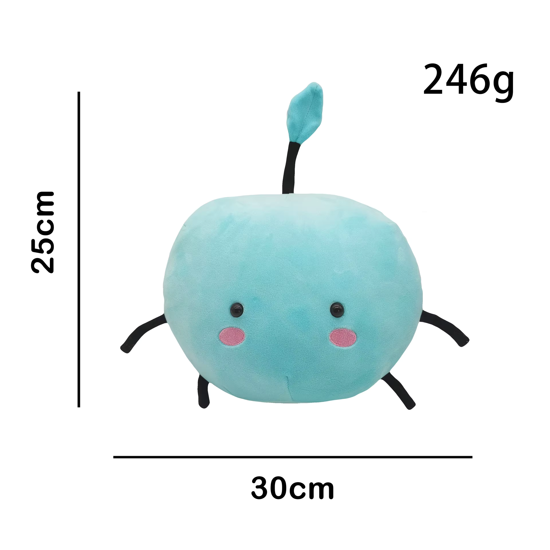 Blue Junimo plushie with dimensions and weight labeled as 30 cm and 246 g