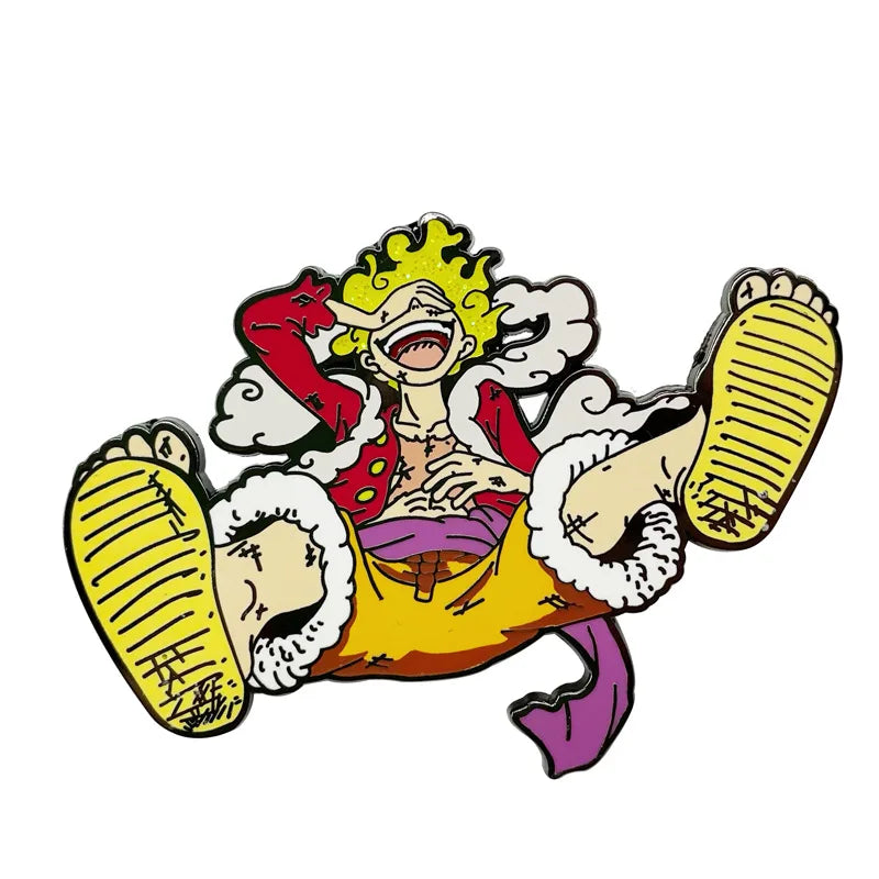 Chibi Luffy 5 gear laughing enamel pin with exaggerated facial expressions and yellow shoes.