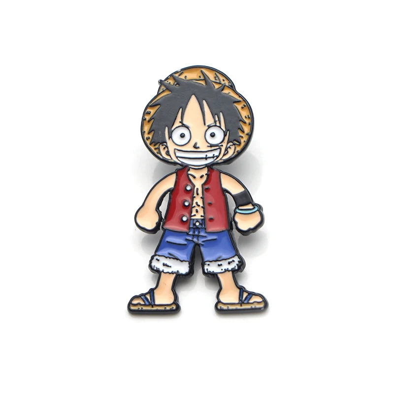 Chibi Luffy enamel pin in a red vest and blue shorts, standing confidently.