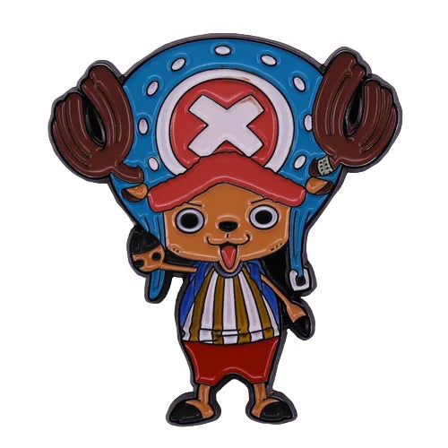 Chibi Tony Tony Chopper enamel pin wearing a blue hat with a red X and a striped outfit.