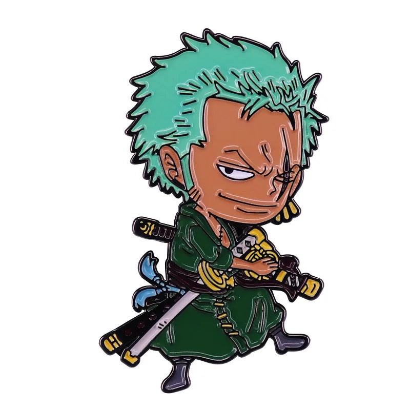 Chibi Zoro enamel pin featuring his green hair, swords, and classic outfit from One Piece.