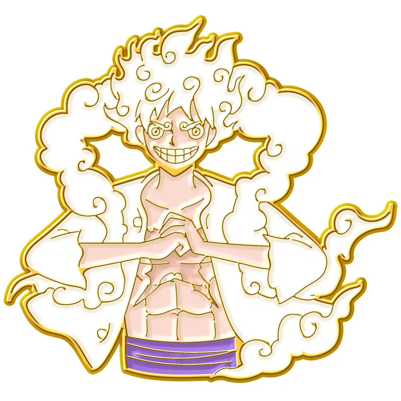 Gold-outlined luffy 5 gear enamel pin with a meditative pose and flames.
