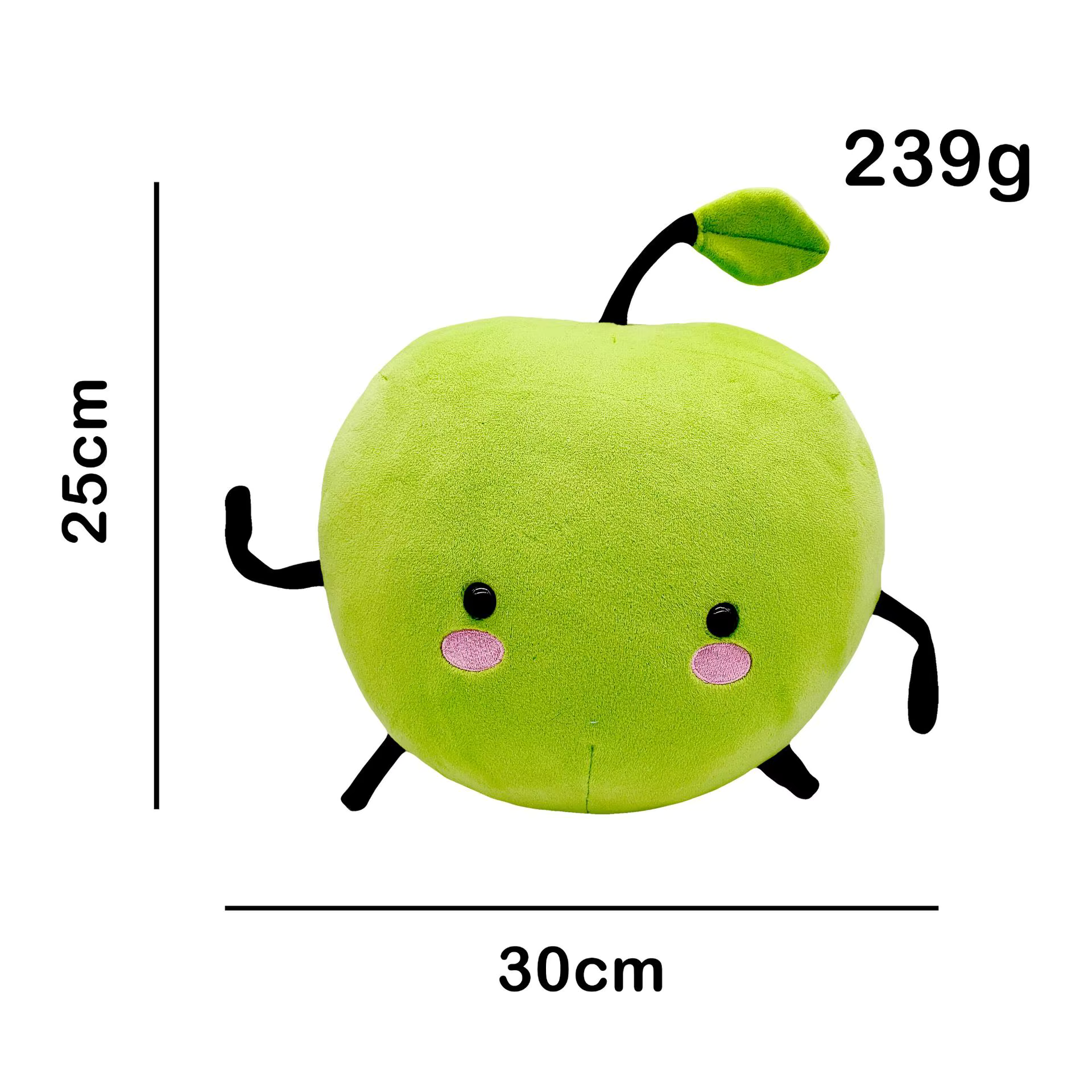 Green Junimo plushie with dimensions and weight labeled as 30 cm and 239 g