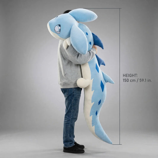 Palworld Chillet giant plush, 150 cm tall, shown being hugged by a person to demonstrate its large size.