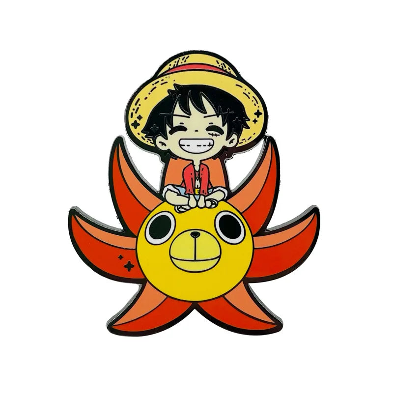 Luffy sitting on a sunflower-inspired emblem enamel pin.