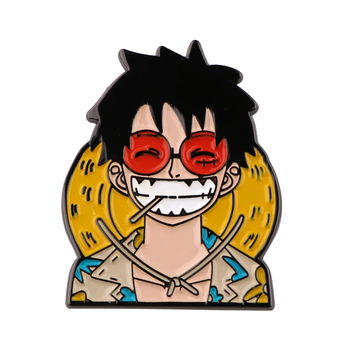 Luffy enamel pin featuring his signature straw hat, red sunglasses, and a tropical shirt, inspired by One Piece.