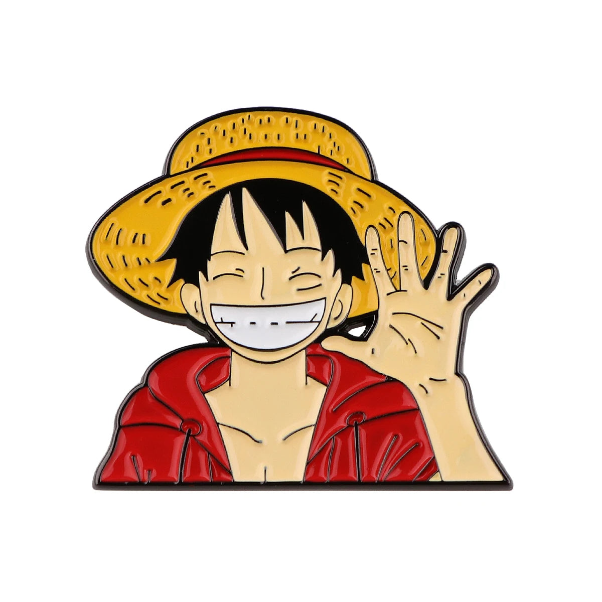 Luffy enamel pin waving with a big smile and wearing a straw hat.