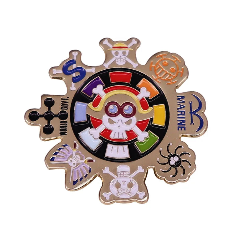 Mechanical gear-themed One Piece emblem enamel pin with intricate details.