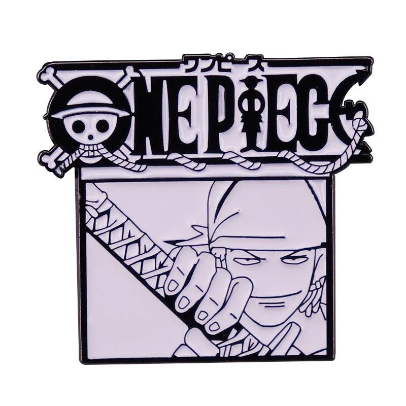 Black and white One Piece manga logo enamel pin with a character silhouette.