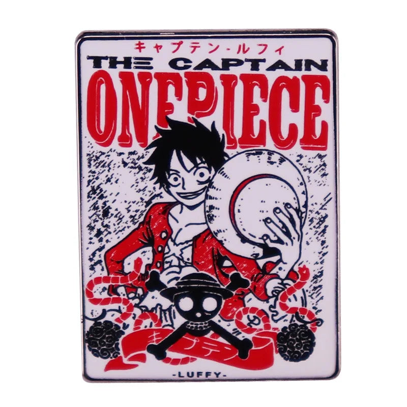 One Piece manga-style poster enamel pin featuring a bold red and black design.