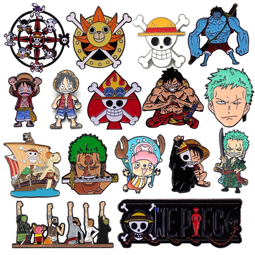 Set of One Piece enamel pins featuring various characters and symbols.