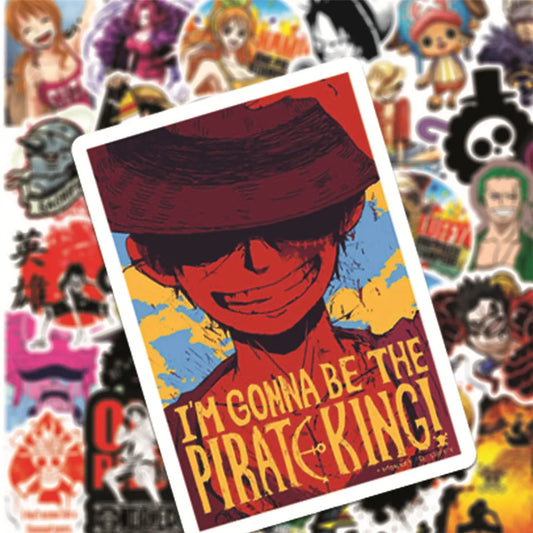 One Piece anime sticker featuring Monkey D. Luffy with a bold red and yellow design, wearing his iconic straw hat and grinning. The text reads "I'm Gonna Be the Pirate King!" with a vintage comic-style effect.