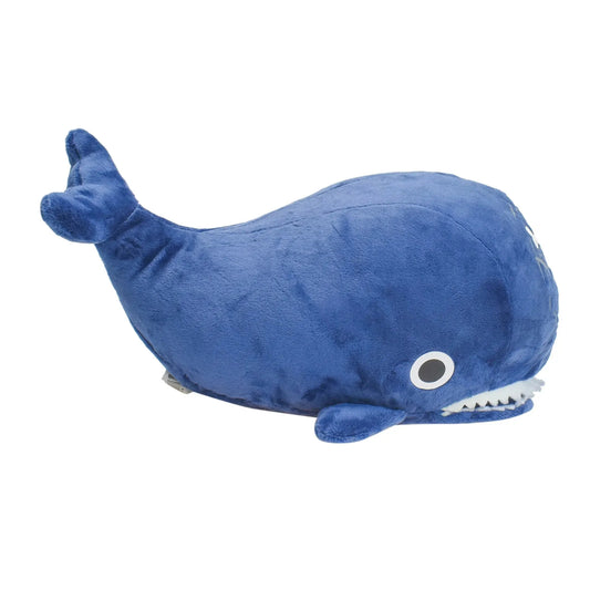 Front view of a blue whale plush featuring the Straw Hat Pirates Jolly Roger from One Piece.