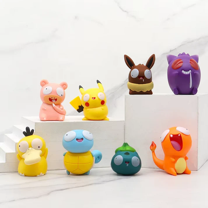 A complete set of funny Pokémon figurines featuring Psyduck, Slowpoke, Pikachu, Eevee, Gengar, Squirtle, Bulbasaur, and Charmander, each with derpy expressions and playful designs, perfect for collectors or as humorous gifts for Pokémon fans.