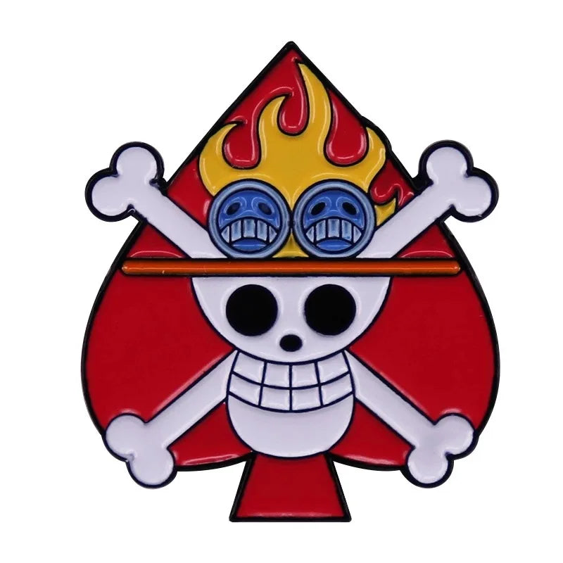 Red and gold pirate skull enamel pin with flames on its hat.