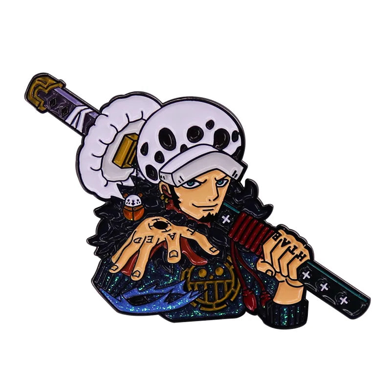 Skeleton warrior enamel pin holding a sword, inspired by One Piece.