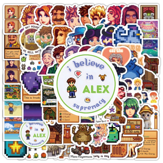 Close-up view of Stardew Valley stickers featuring Alex and other characters and items.