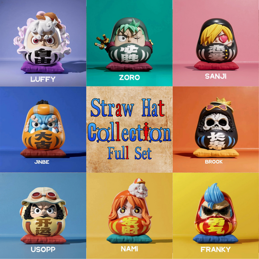One Piece Straw Hat Pirates Daruma figurine collection featuring Luffy, Zoro, Sanji, Jinbe, Brook, Usopp, Nami, and Franky, each styled with unique colors and kanji symbols.