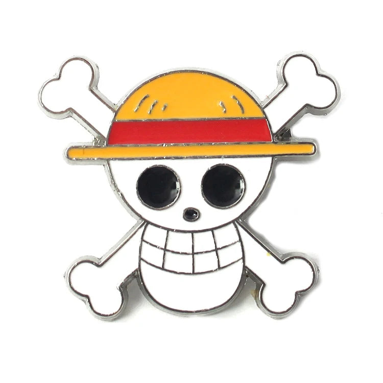 One Piece Straw Hat Pirates Jolly Roger enamel pin featuring a skull with a straw hat.