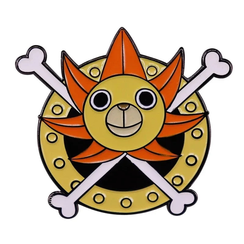 Thousand Sunny ship emblem enamel pin with crossbones and a lion face.
