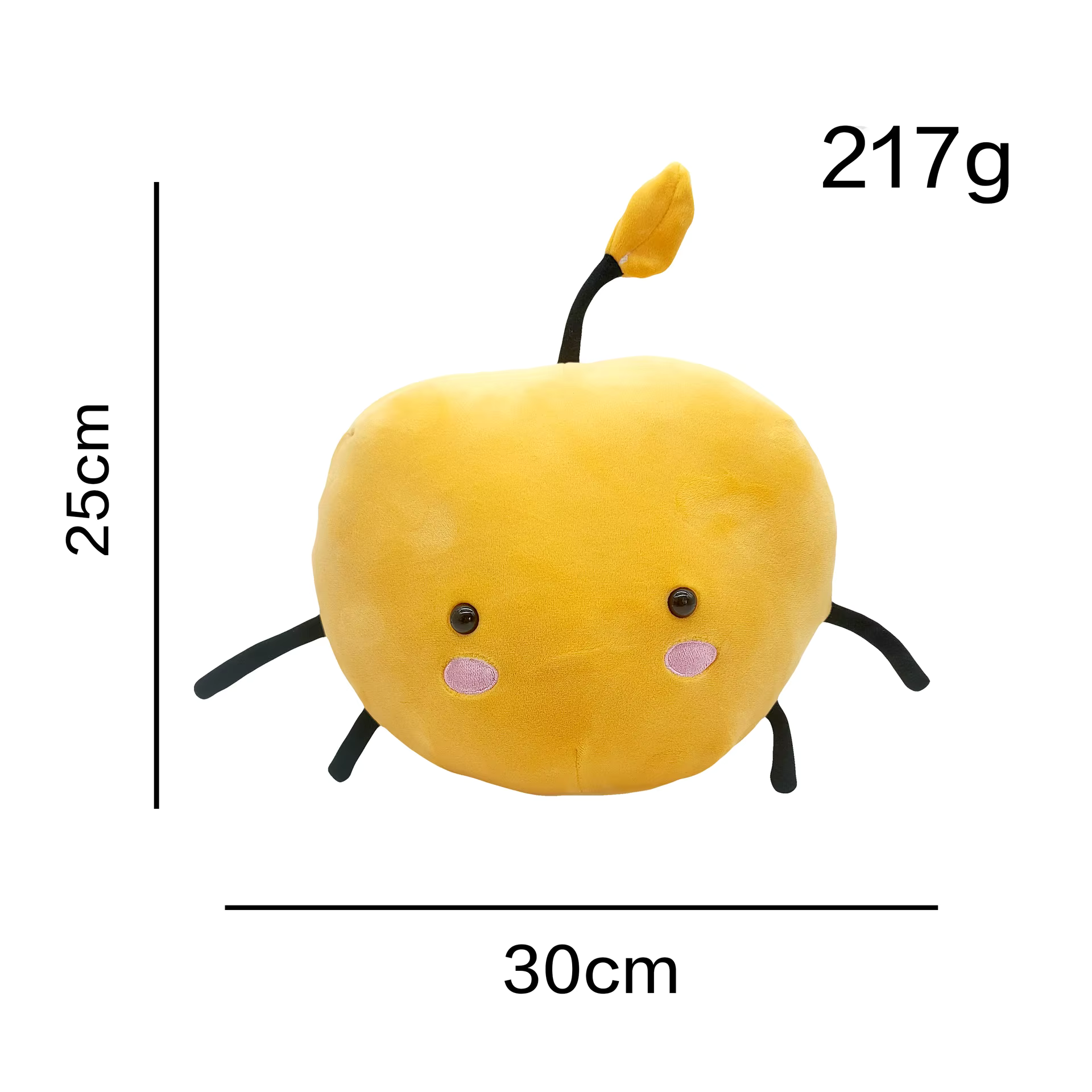 Yellow Junimo plushie with dimensions and weight labeled as 30 cm and 217 g