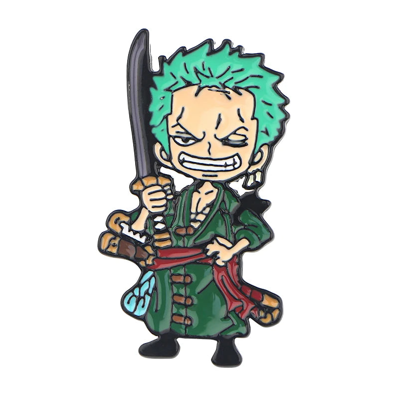 Zoro enamel pin holding a sword, wearing a green outfit.