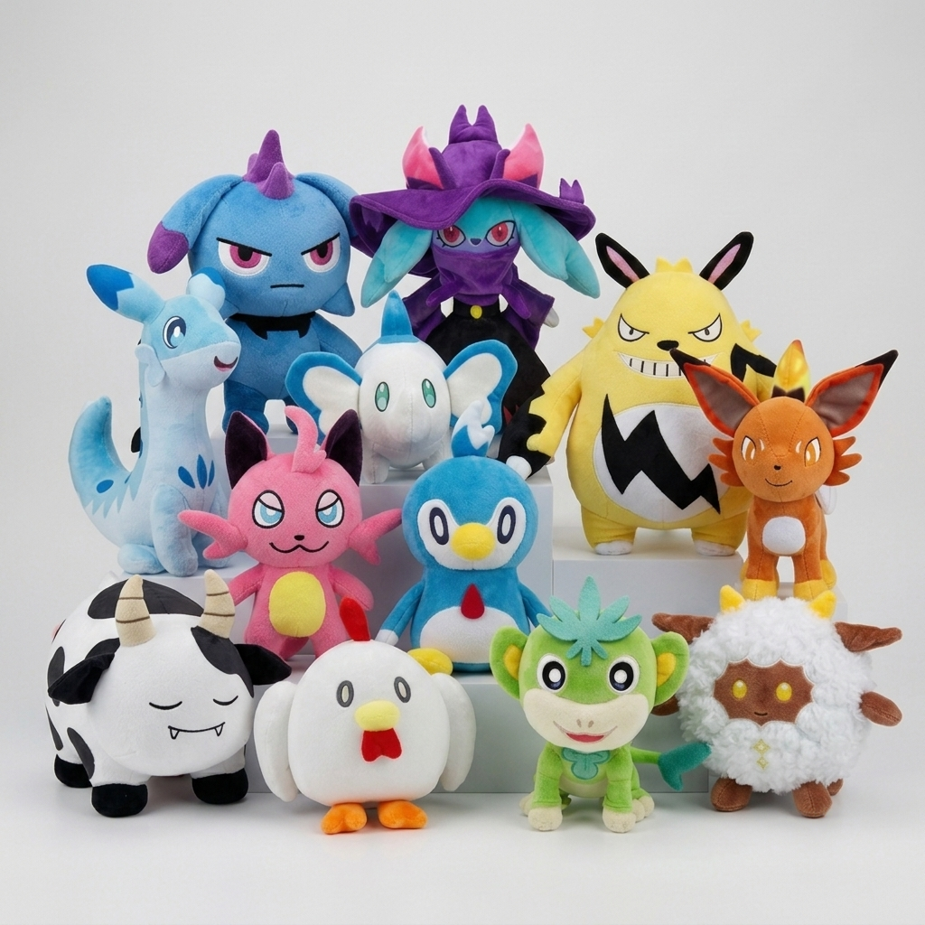 Palworld plush collection featuring Chillet, Katress, Grizzbolt, Teafant, Cattiva, Pengullet, Lamball, Chikipi, Tanzee, Foxparks, mozzarina, depresso.