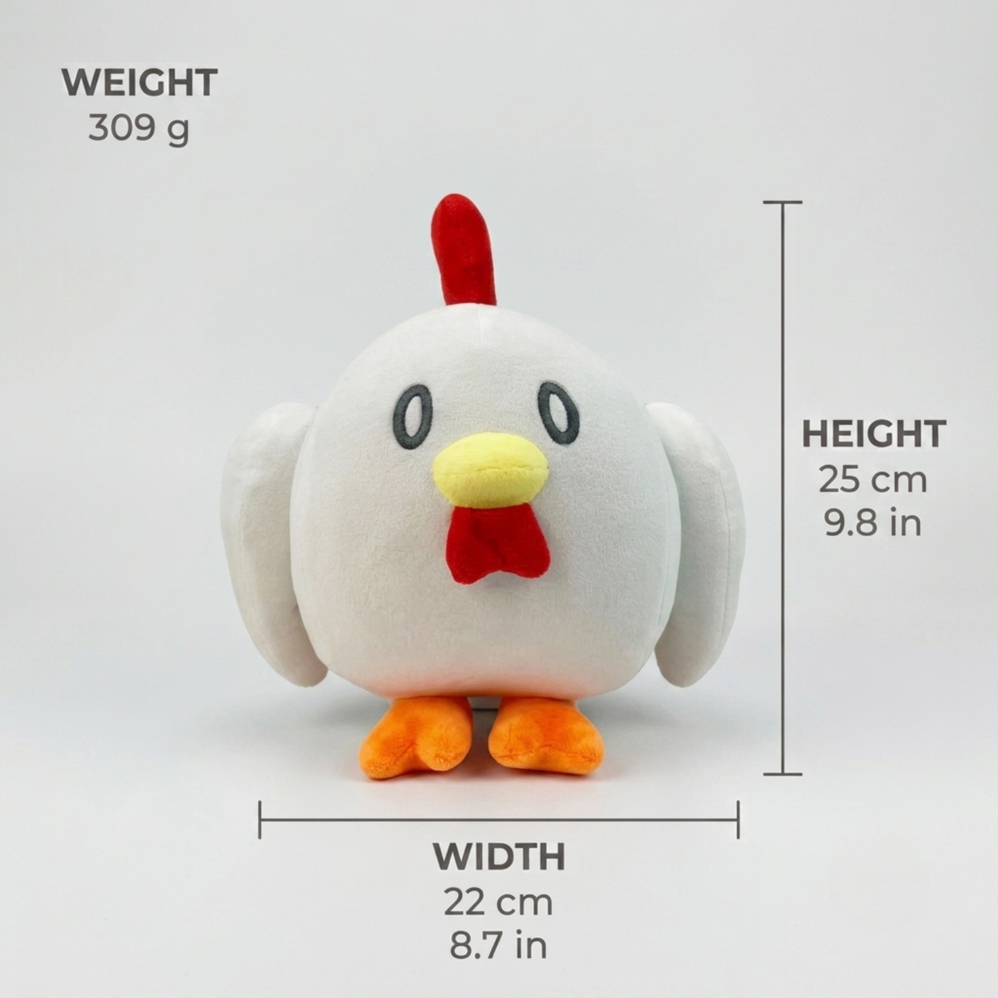 Chikipi plush from Palworld, measuring 25 cm tall and 22 cm wide, and weighing 309 g.