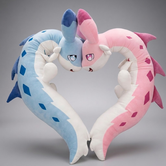 Palworld Chillet and Chillet Ignis plushies posed together in a heart shape against a gray background.