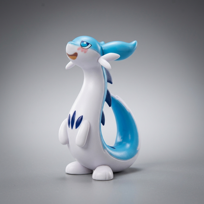 Blue-and-white Chillet figurine from Palworld standing upright with its long tail curled behind it against a gray background.
