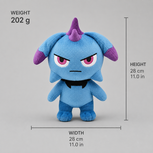 Depresso. Blue and purple Palworld-inspired plush, 28 cm tall and 28 cm wide, weighing 202 g.