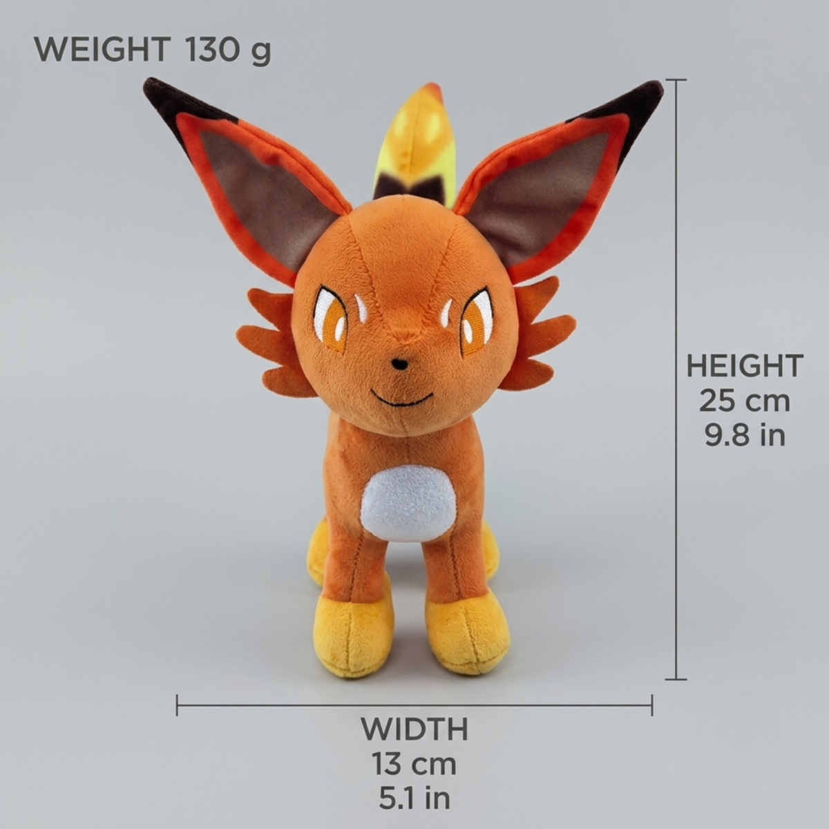 Foxparks plush toy, 25 cm tall and 13 cm wide, weighing 130 g, shown against a light gray background.