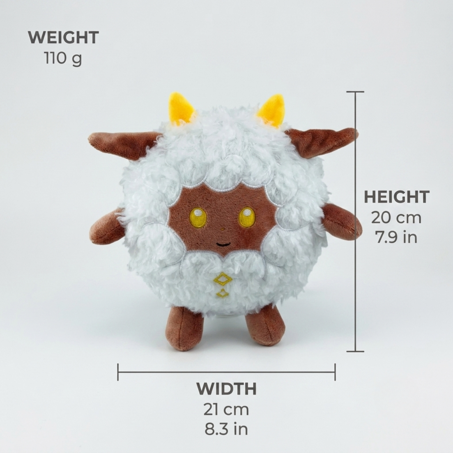 Lamball plush from Palworld, measuring 20 cm tall and 21 cm wide, and weighing 110 g.