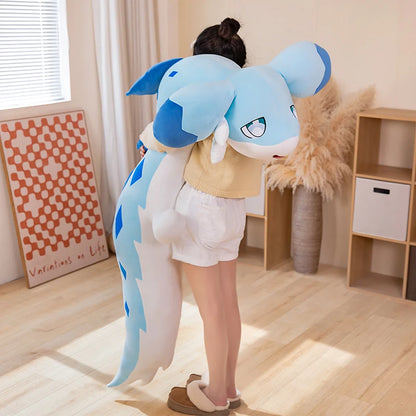 Palworld Chillet giant blue plush carried over a person’s shoulders, showing its long body, blue markings and oversized ears.
