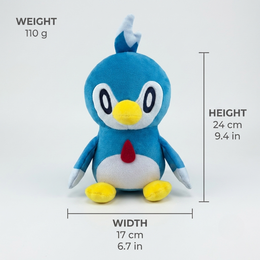 Pengullet plush from Palworld, measuring 24 cm tall and 17 cm wide, with a weight of 110 g.