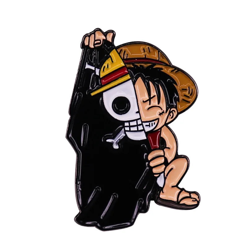 Chibi skeleton Luffy enamel pin wearing a straw hat and cloak.
