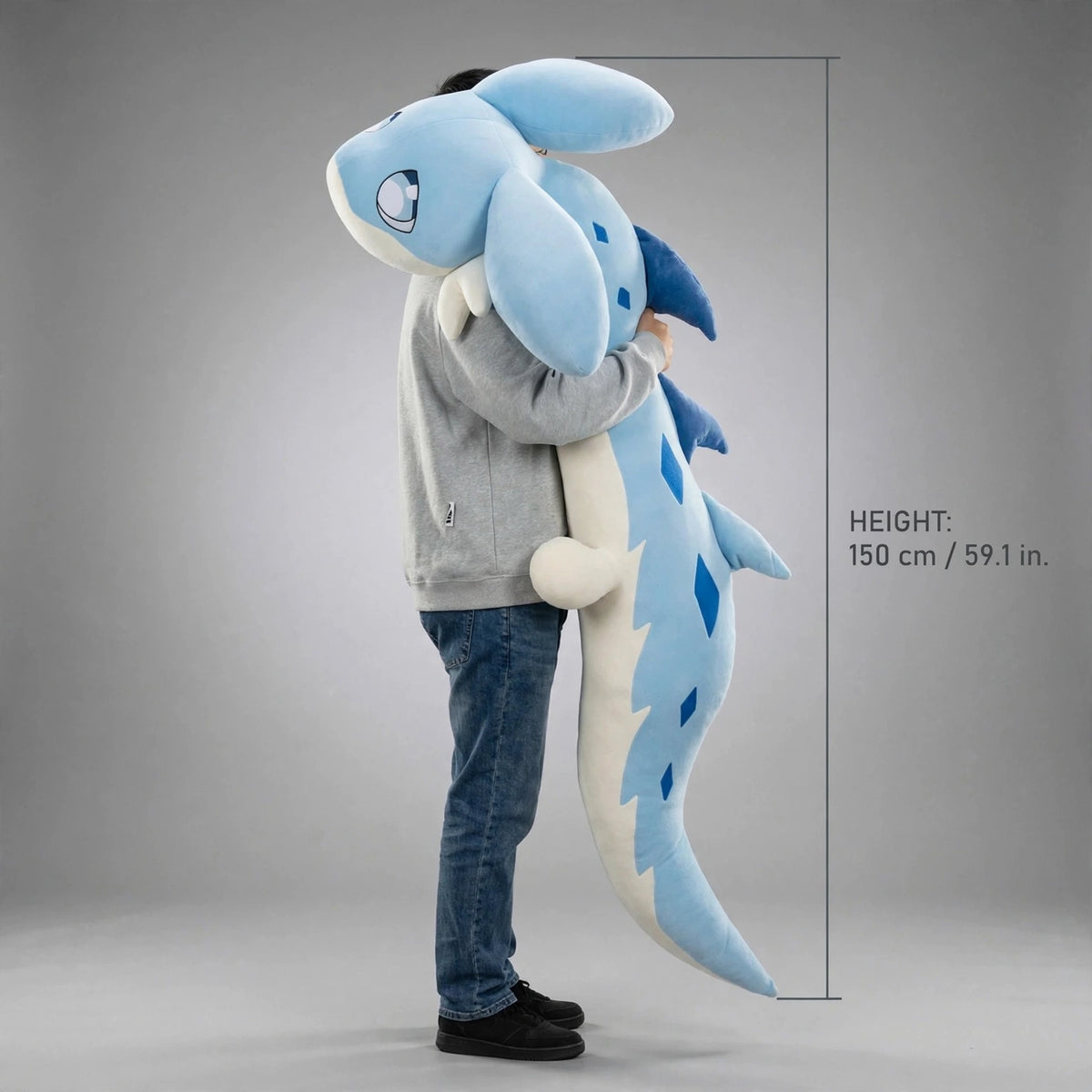 Palworld Chillet giant plush, 150 cm tall, shown being hugged by a person to demonstrate its large size.