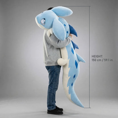 Palworld Chillet giant plush, 150 cm tall, shown being hugged by a person to demonstrate its large size.