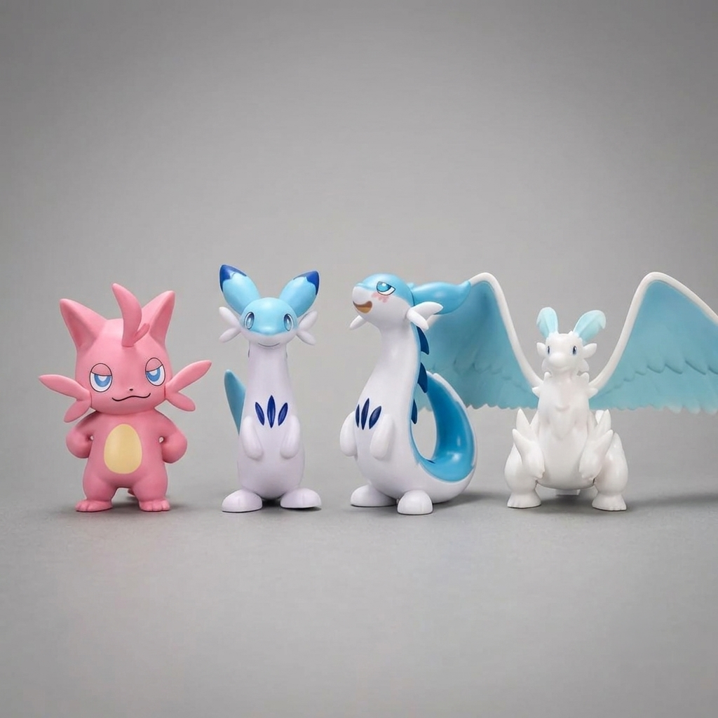 Four Palworld figurines displayed side-by-side against a gray background: a pink Cattiva, a standing blue-and-white Chillet, a curled blue-and-white Chillet, and a white winged Quivern.