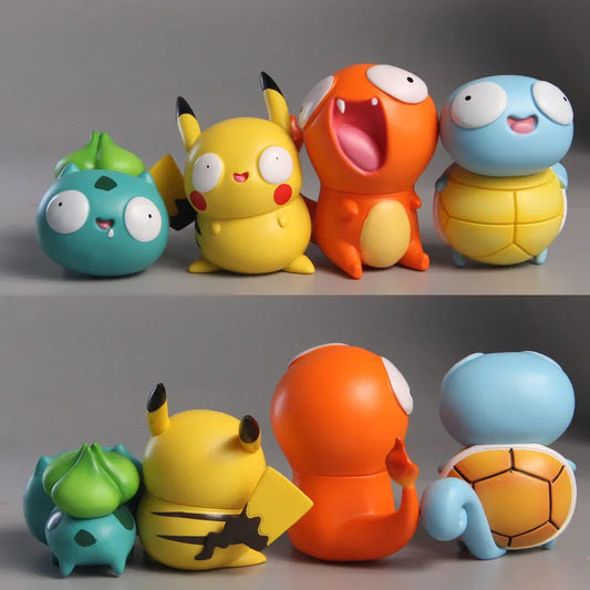 Front and back views of funny, derpy Pokémon figurines featuring Bulbasaur, Pikachu, Charmander, and Squirtle with silly expressions and adorable designs.