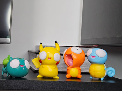 A group of funny Pokémon figurines featuring Bulbasaur, Pikachu, Charmander, and Squirtle with silly, derpy expressions displayed together on a shelf for a quirky and playful collection centerpiece