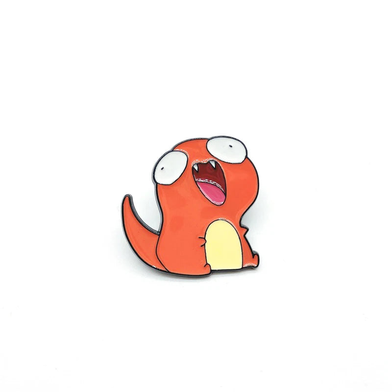 Close-up of the PokeDerp Charmander pin with a quirky design.