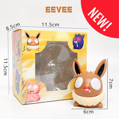 Funny Eevee figurine with a derpy expression, featuring wide eyes and a playful smile, packaged in a colorful box with illustrations of other derpy Pokémon characters like Gengar and Slowpoke, measuring 11.5 cm by 8.5 cm, perfect for collectors or fans of quirky designs.