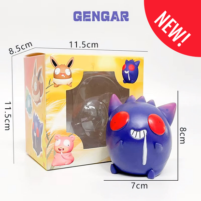 Funny Gengar figurine with a derpy expression, featuring wide red eyes and a goofy smile, packaged in a colorful box with illustrations of other derpy Pokémon characters like Eevee and Slowpoke, measuring 11.5 cm by 8.5 cm, perfect for fans and collectors who love quirky designs.