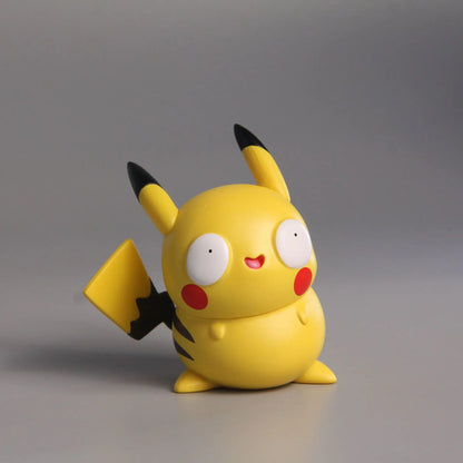Funny Pikachu figurine with a silly, derpy expression, featuring wide eyes and a cheerful smile for a humorous and adorable design.