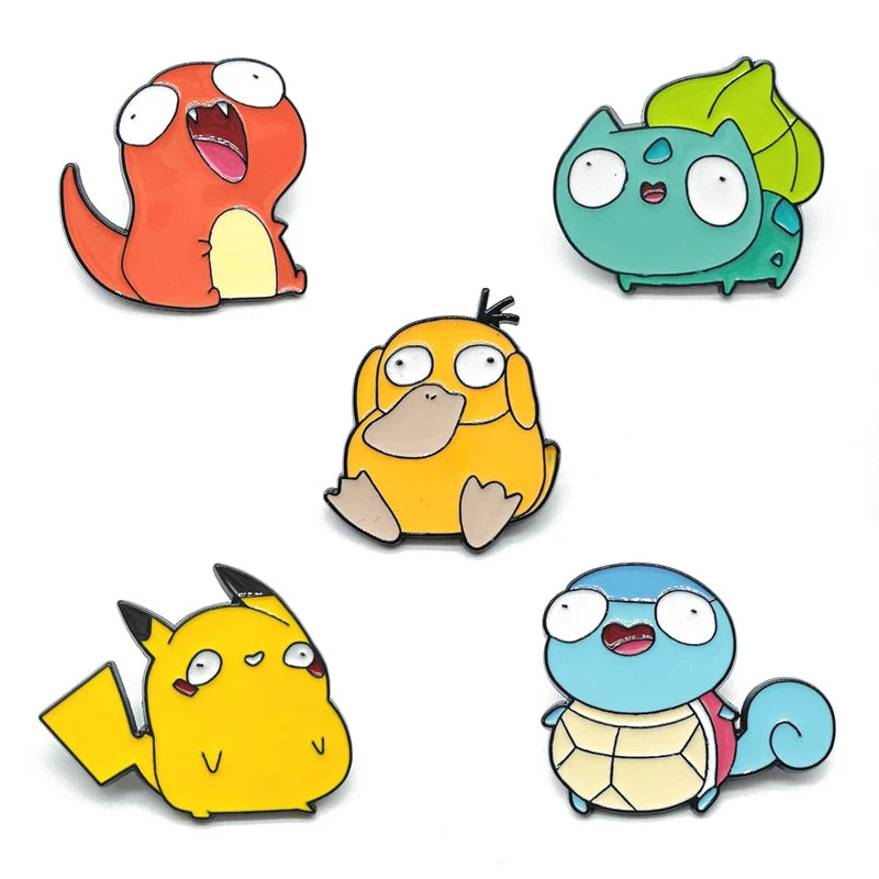 Group display of PokeDerp Pokémon pins featuring Charmander, Pikachu, and Squirtle with Bulbasaur and Psyduck.