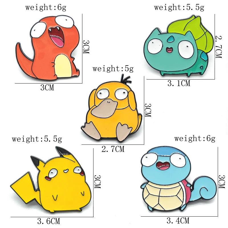 Size comparison chart of PokeDerp Pokémon pins featuring Charmander, Pikachu, Squirtle, Bulbasaur, and Psyduck.